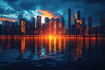 Fototapeta premium Dazzling city skyline at sunset reflecting on calm waters during a dramatic evening