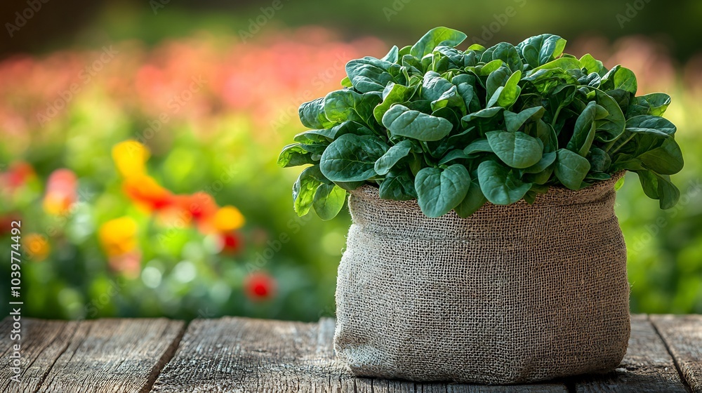 Poster burlap bag brimming with leafy spinach resting on a weathered wooden table set against a colorful bl
