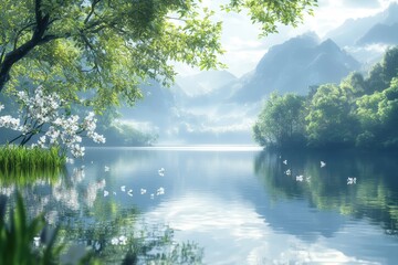 Fototapeta premium A serene landscape with blooming flowers by a calm lake surrounded by mountains at dawn
