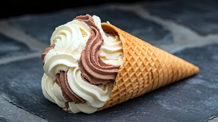 A waffle cone filled with creamy vanilla and chocolate ice cream against a textured, dark stone background, creating a delicious contrast and elegant presentation. 