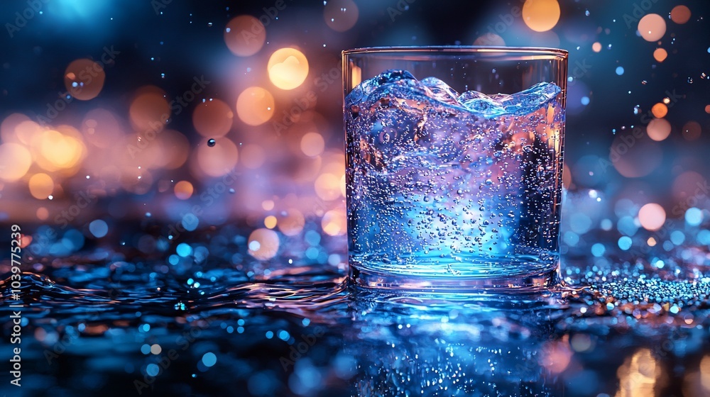Poster a glass of sparkling water with bubbles on a wet surface with a bokeh background.