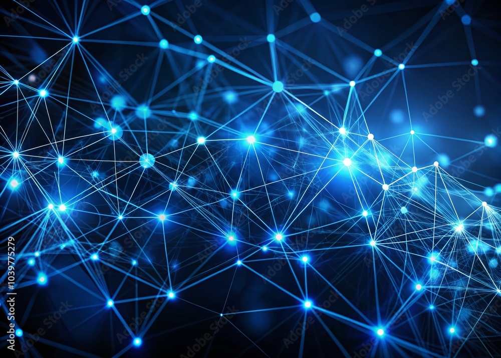 Poster abstract blue network with glowing points on dark background for technology and science themes