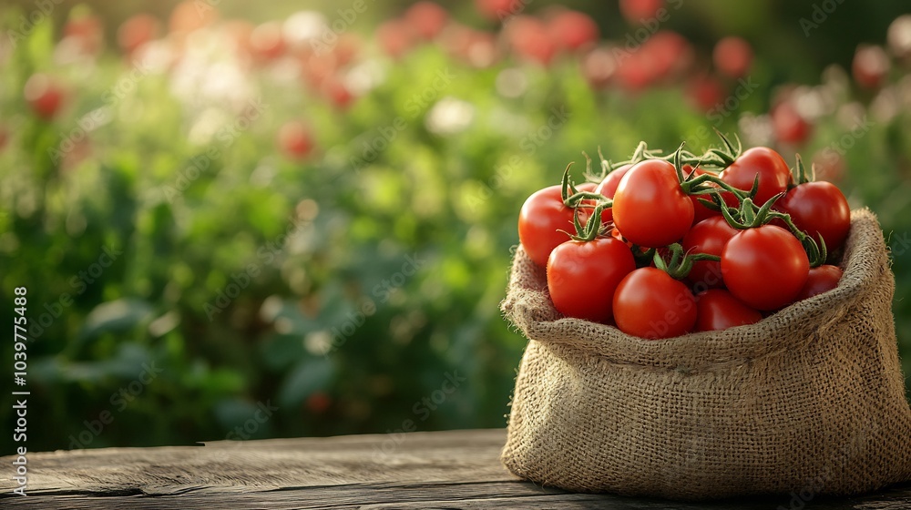 Poster burlap bag filled with bright red tomatoes resting on a weathered wooden table surrounded by a lush 