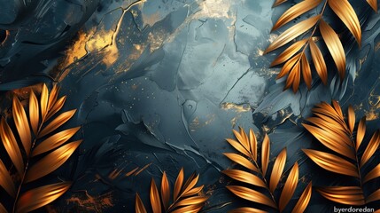 Abstract dark textured background with golden palm leaves