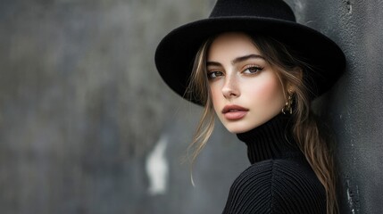 Captivating portrait of a young woman wearing a stylish black hat and minimalist fashion exuding a sense of mystery and sophistication against a moody monochrome background