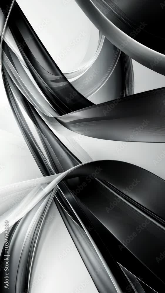 Poster Dynamic interplay of sleek black ribbons on a minimalist backdrop showcasing fluid design and movement in a modern art setting
