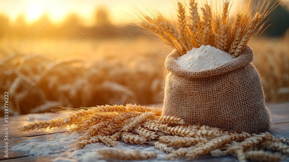 Poster burlap bag filled with flour sits on a rustic wooden table with fresh ears of wheat arranged nearby 