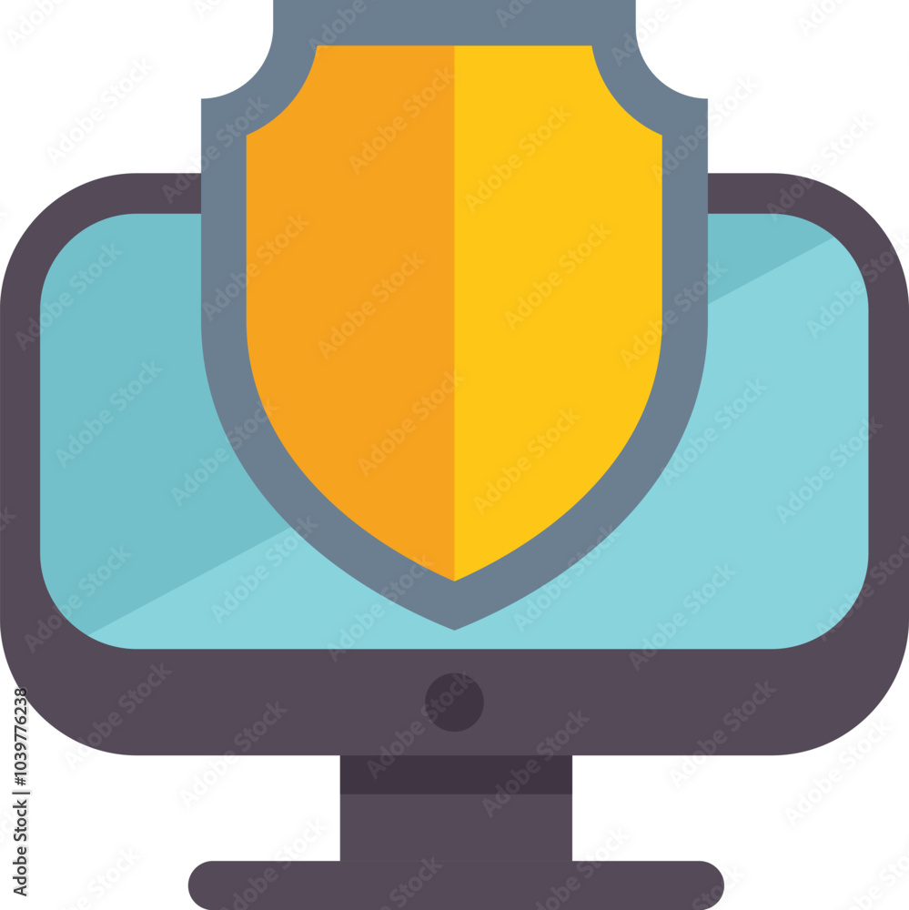 Poster shield is hovering over a desktop computer monitor, symbolizing online security