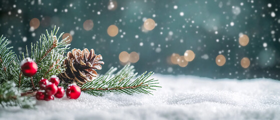 Winter Wonderland Scene with Pine Cone, Berries, and Falling Snow, and Falling Sno