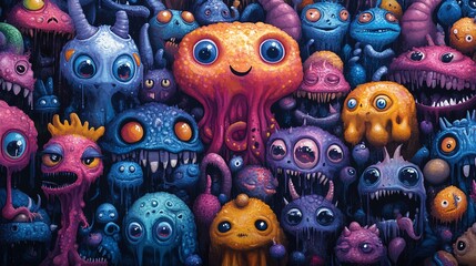 A vibrant collection of whimsical, colorful creatures with exaggerated features and expressions.