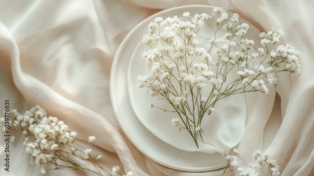 Poster minimalist and elegant table setting with small white flowers arranged in a simple vase or dish crea