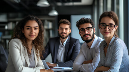 Fototapeta premium Four professionals from a diverse group are looking at the camera with smiles and expressions of confidence and success.