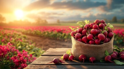 Burlap bag filled with plump beetroots on a rustic wooden table with a vibrant blooming agricultural field in the background providing an inviting space for text