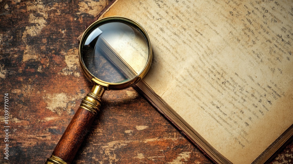 Poster old magnifying glass over ancient book with handwritten text on rustic surface