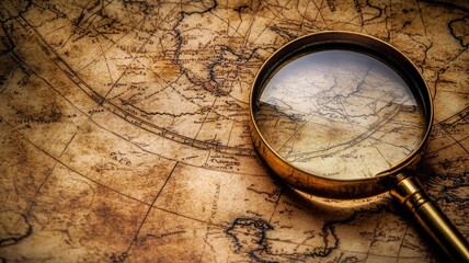 Antique map with magnifying glass, highlighting exploration and discovery