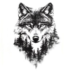 Black and white wolf with a forest behind it.