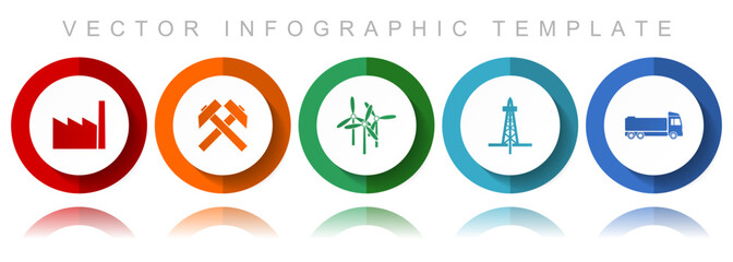 Industry and technology vector icon collection, miscellaneous icons such as factory, mining, wind energy, oil and truck, flat design infographic template in eps 10