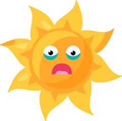 A vibrant vector illustration of stylized sun with a panic shouting face in bright yellow color in a cartoon style. Campaigns promoting mental health awareness, representing feelings of fear, panic, o
