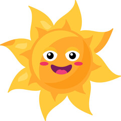 A vibrant vector illustration of a smiling sun emoji in bright cheerful yellow color in a cartoon style. A playful friendly charming character or emoticon conveying positive emotions. Clip art could b