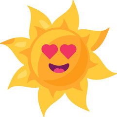 A vibrant vector illustration of stylized romantic sun in bright yellow color in a cartoon style. The sun's face is playful and inviting, radiating warmth and happiness. Bright emoticon character is u