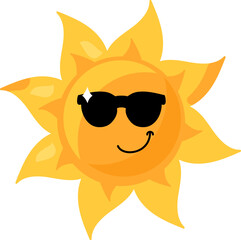 A vibrant vector illustration of stylized sun in sunglasses in bright yellow color in a cartoon style. The sun's face is playful and inviting, radiating warmth and happiness. Bright emoticon character