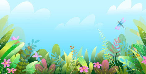 Grass leaves and flowers garden border, fairytale wallpaper with colorful leaves and flowers nature. Children nature illustration for cover or horizontal floral banner design. Vector jungle for kids.