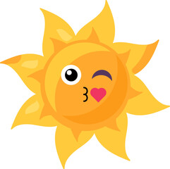 A vibrant vector illustration of stylized winking and kissing sun in bright yellow color in a cartoon style. The sun's face is playful and inviting, radiating warmth and happiness. Bright emoticon cha