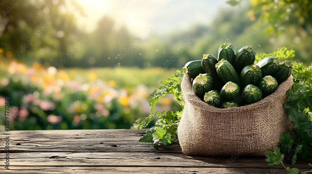 Aufkleber burlap bag full of fresh zucchinis on a rustic wooden table framed by a scenic blooming agricultural