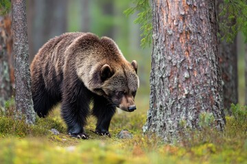 Fototapeta premium Pine Grove. Wolverine, the Predator of Finnish Taiga Forest, Looking for Food