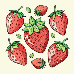 A vibrant and playful illustration featuring six strawberries, each with its own unique charm, perfect for adding a touch of sweetness to your designs. This cheerful graphic is ideal for projects.