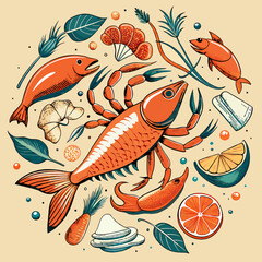 A vibrant illustration showcasing an array of seafood, including a fish, a crab, and various other sea-related elements, all beautifully arranged in a circular composition.