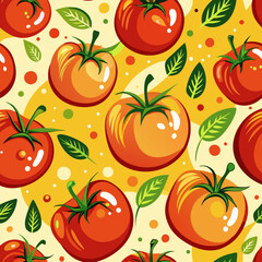 A vibrant and cheerful seamless pattern featuring juicy red tomatoes and green leaves, perfect for adding a touch of freshness to your designs.