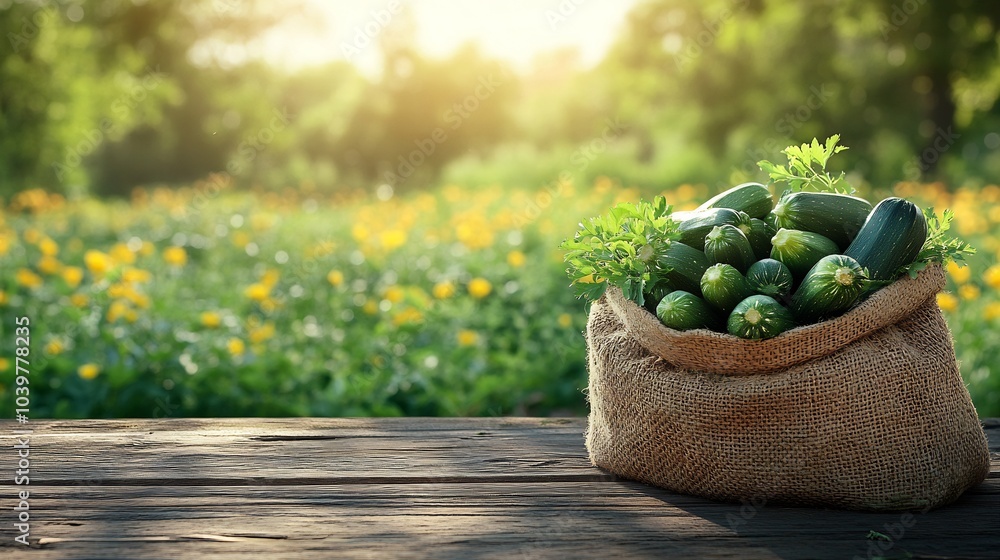 Poster burlap bag full of fresh zucchinis on a rustic wooden table framed by a scenic blooming agricultural