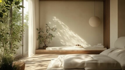 Sunlit Sanctuary A serene and inviting modern bedroom design with large windows overlooking lush greenery flooding the space with natural light and a sense of tranquility and relaxation