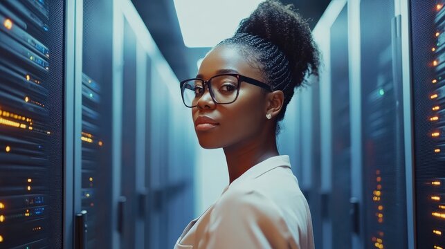Professional African American Woman Administrator Running Data Center Backups Operation in Server Room