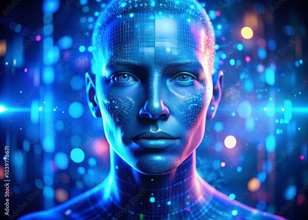 Poster abstract digital human face in blue glow | technology concept and generative ai visualization