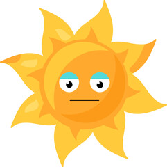 A vibrant vector illustration of stylized sun with apathetic face in bright yellow color in a cartoon style. Campaigns promoting mental health awareness, representing feelings of depression or anxiety