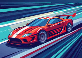 A red sports car with a white stripe races down a track, with a blur of motion lines behind it. This illustration is perfect for projects related to speed, racing, and automotive design.