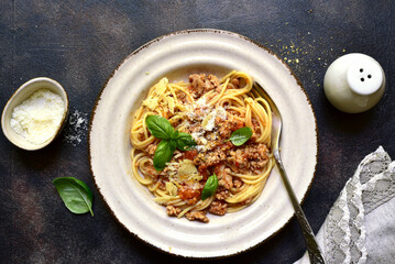 Fresh raw organic beef steak osso buko with ingredients for making. Top view with copy space.