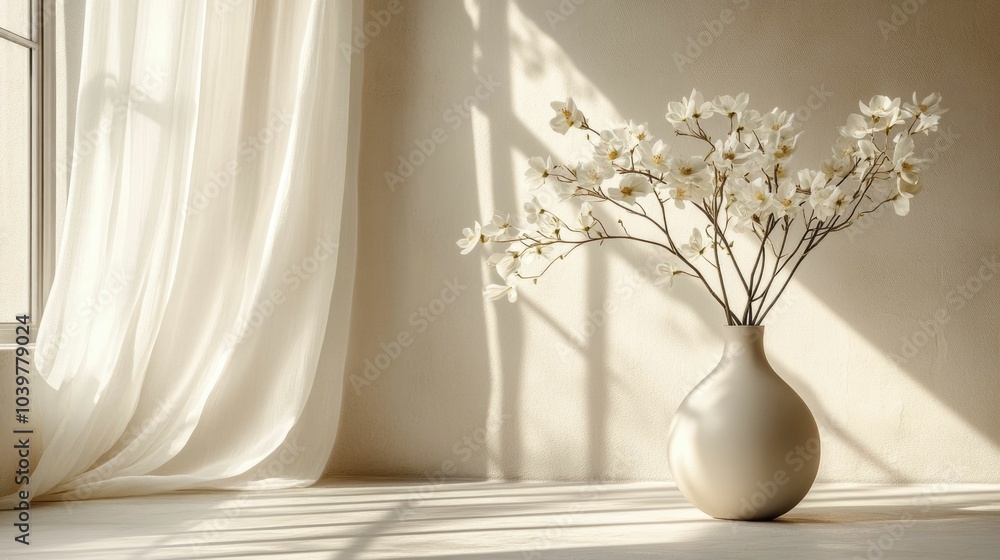 Poster elegant white flowers in a simple vase placed by a window bathed in soft natural lighting creating a