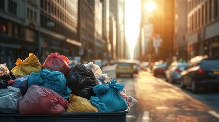 City streets with bags of waste recycling concept poor management