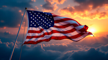 Obraz premium American flag waving majestically against a dramatic sunset sky. The vibrant colors of the red, white, and blue should be emphasized, while the stars and stripes ripple dynamically in the breeze. 