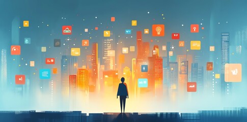 A lone figure stands on a rooftop looking out at a city skyline filled with glowing icons.