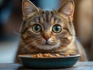 attentive cat with captivating eyes gazing directly forward, sitting beside a food dish, illuminated by warm ambient lighting, embodying a sense of curiosity and companionship