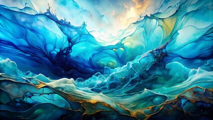 Obraz premium Abstract Fluid Art Underwater Seascape with Alcohol Ink in Deep Blue and Turquoise Tones