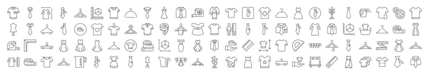 Collection of Sewing and Garment Related Line Icons. Editable Stroke for Design, Web Sites, Apps, Cards. Contains Linear Images of T Shirt, Dress, Tie, Measuring Tape, Rack