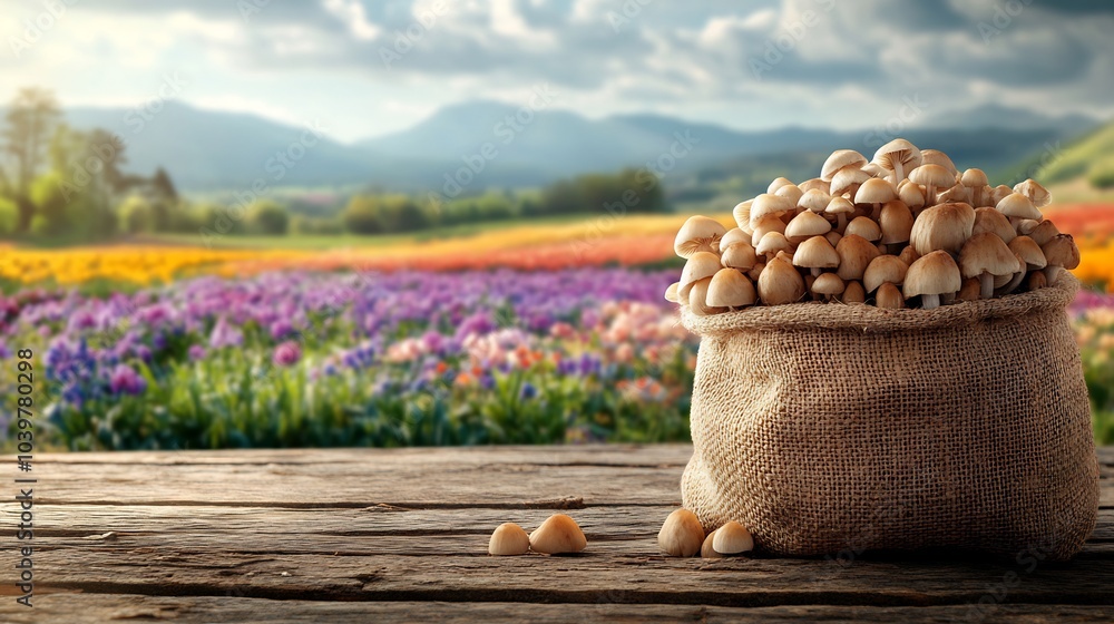 Poster burlap sack filled with earthy mushrooms resting on a wooden table with a colorful blooming agricult