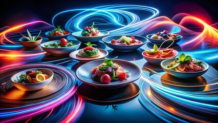 Abstract Food Photography with Swirling Blue and Pink Light Streaks on Dark Background