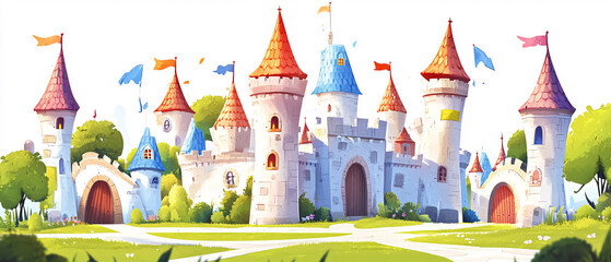 Obraz premium Enchanted fairytale castle with towers, flags, and gates, perfect for childrens book illustration, perfec