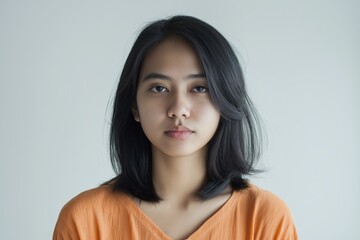 Young woman posing and making eye contact with a neutral expression